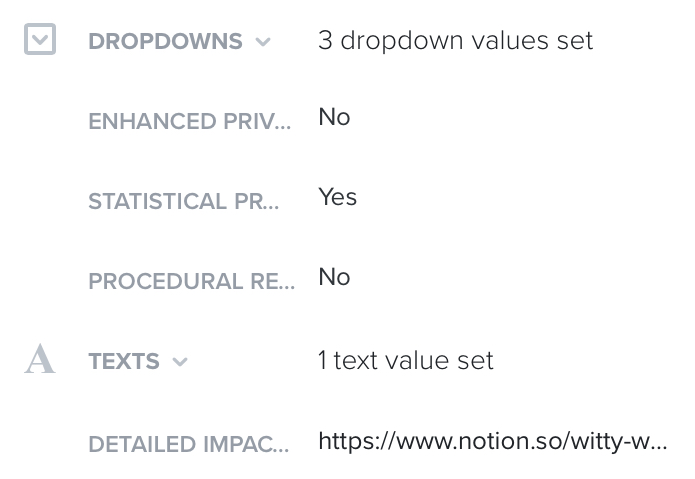 Screenshot of ProductBoard showing the 3 ethics questions and a URL to notion