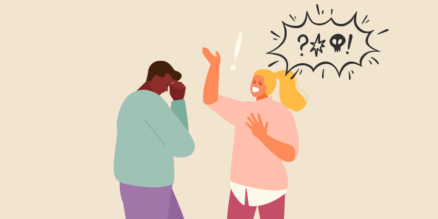 Illustration of a people cursing at a person of color.