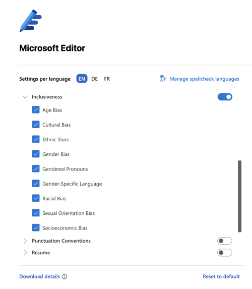 Microsoft Editor settings