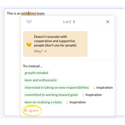 screenshot of an ignore word