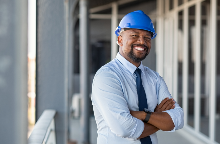 a construction worker with a blue helmet