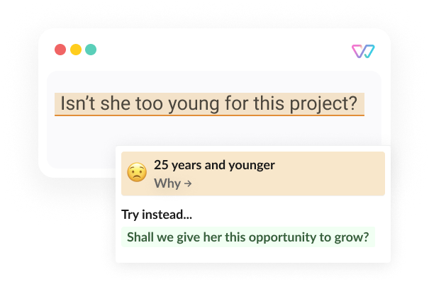  An illustration of Witty showing the phrase 'Isn't she too young for the project?'.  'Shall we give her this opportunity to grow?' is proposed as an alternative.