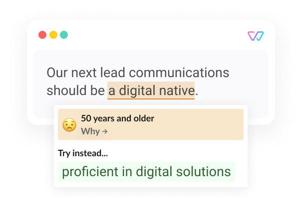  An illustration of Witty showing the phrase 'Our next lead communications should be a digital native [proficient in solutions].' The words brackets are shown as alternatives.
