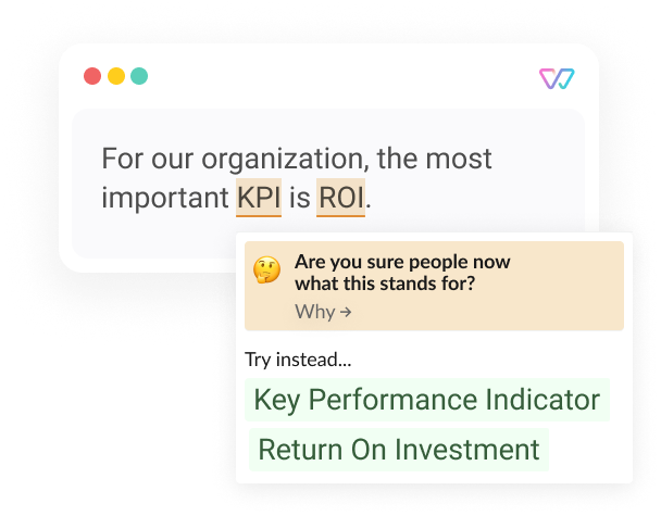 An illustration of Witty showing the phrase 'For our organization, most important KPI [Key Performance Indicator] is ROI (Return On Investment]'. The words in brackets are shown as alternatives.