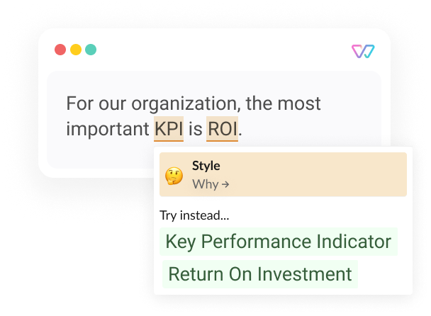 An illustration of Witty showing the phrase 'For our organization, most important KPI [Key Performance Indicator] is ROI (Return On Investment]'. The words in brackets are shown as alternatives.