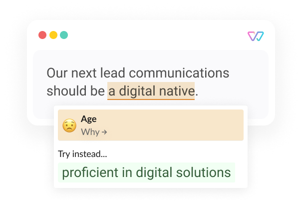 An illustration of Witty showing the phrase 'Our next lead communications should be a digital native [proficient in solutions].' The words brackets are shown as alternatives.