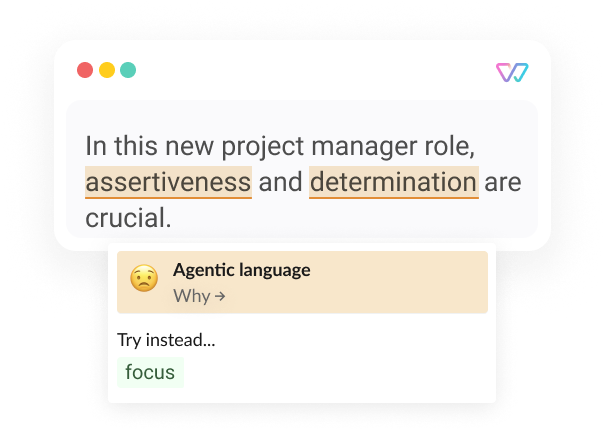 Eine Illustration von Witty des Satzes 'In this new project manager role, [assertiveness] and [determination] are crucial.'. Als Alternative für den Begriff in Klammern wird ‘focus’ vorgeschlagen.