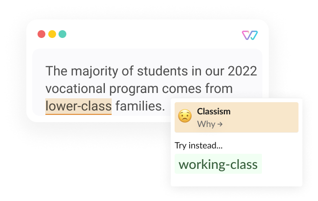 An illustration of Witty  showing the phrase 'The majority of students in our 2022 vocational program comes from lower-class [working-class] families.'. The words brackets are shown as alternatives.