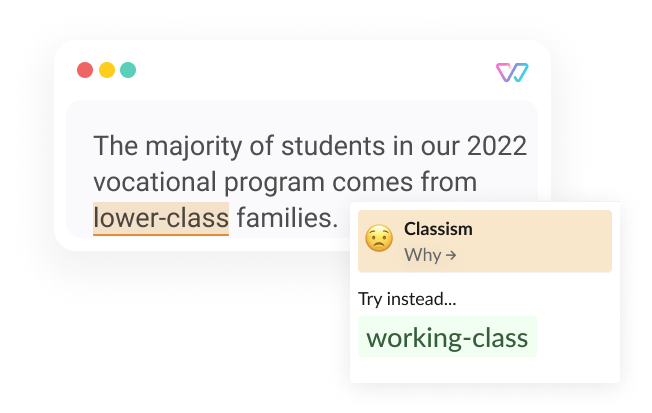 An illustration of Witty  showing the phrase 'The majority of students in our 2022 vocational program comes from lower-class [working-class] families.'. The words brackets are shown as alternatives.