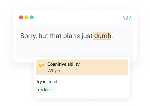 An illustration of Witty shows the phrase 'Sorry, but that plan's just dumb [reckless].’ The words in brackets are shown as alternatives.