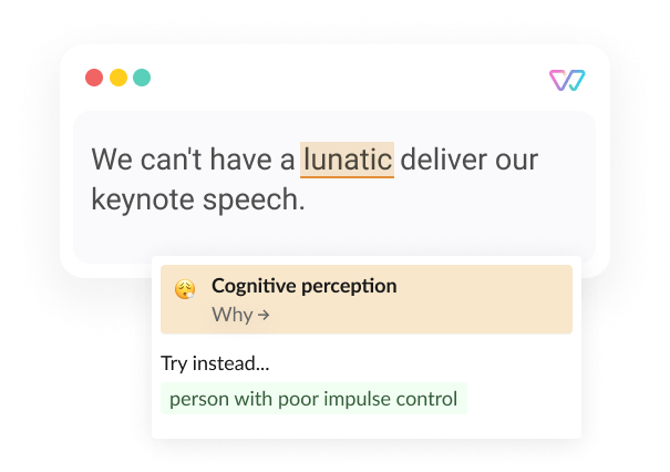  An illustration of Witty shows the phrase 'We can't have a lunatic [person with poor impulse control] deliver our keynote speech.’ The words in brackets are shown as alternatives.