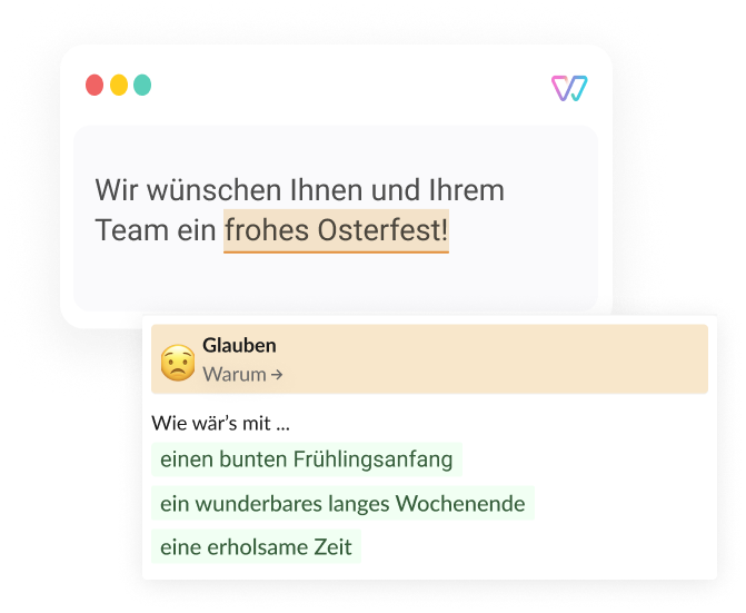 Eine Illustration von Witty des Satzes 'Wir wünschen Ihnen und Ihrem Team [ein frohes Osterfest]!' Als Alternative für den Begriff in Klammern wird 'einen bunten Frühlingsanfang' vorgeschlagen. 