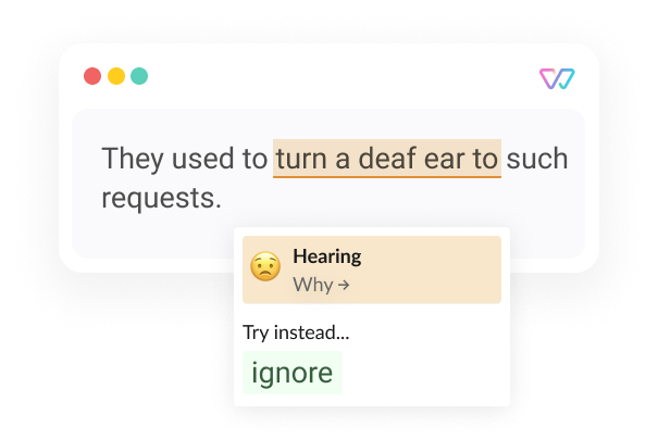 An illustration of Witty showing the phrase 'They used to turn a deaf ear to [ignore] such requests'. The words in brackets are shown as alternatives.