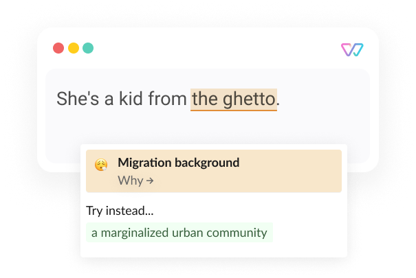 An illustration of Witty showing the phrase 'She's a kid from the ghetto [ a marginalized urban community].’ The words in brackets are shown as alternatives.