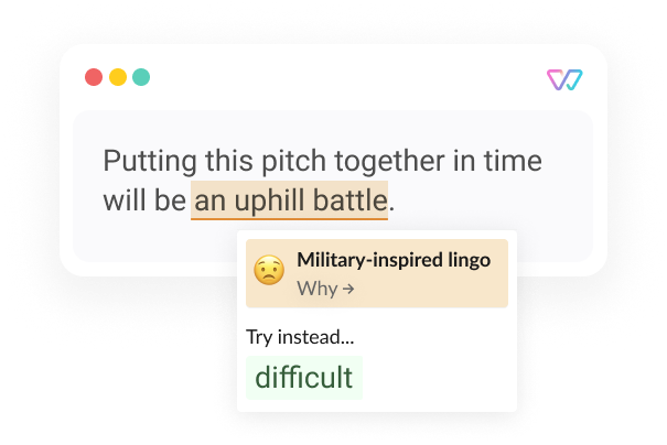 An illustration of Witty showing the phrase 'Putting this pitch together in time will be [an uphill battle]'.'Difficult' is proposed as an alternative for the words in bracket. 