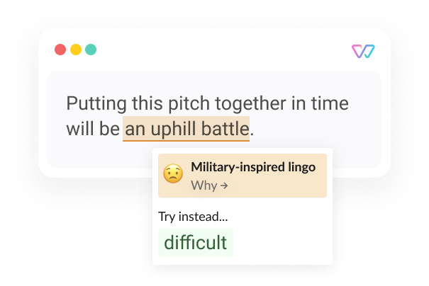 An illustration of Witty showing the phrase 'Putting this pitch together in time will be [an uphill battle]'.'Difficult' is proposed as an alternative for the words in bracket. 