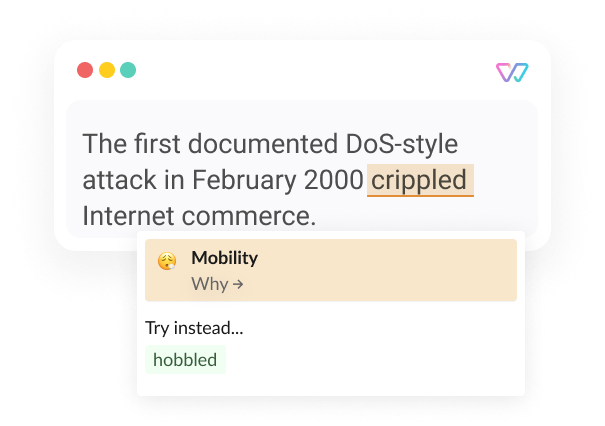  An illustration of Witty shows the phrase 'The first documented DoS-style attack in February 2000 crippled [hobbled] Internet commerce.’ The words in brackets are shown as alternatives.