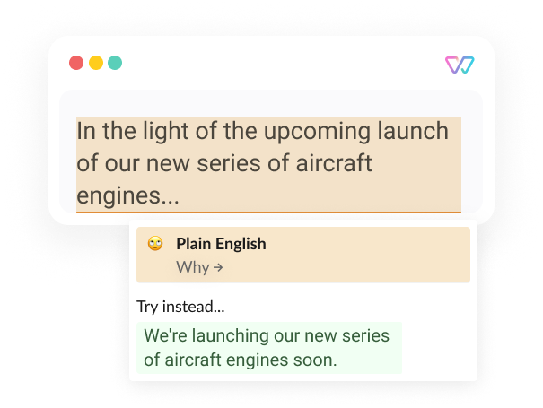 An illustration of Witty showing the phrase 'In the light of the upcoming launch of our new series of aircraft engines.' ‘We're launching our new series of aircraft engines soon. ’ is shown as alternatives.