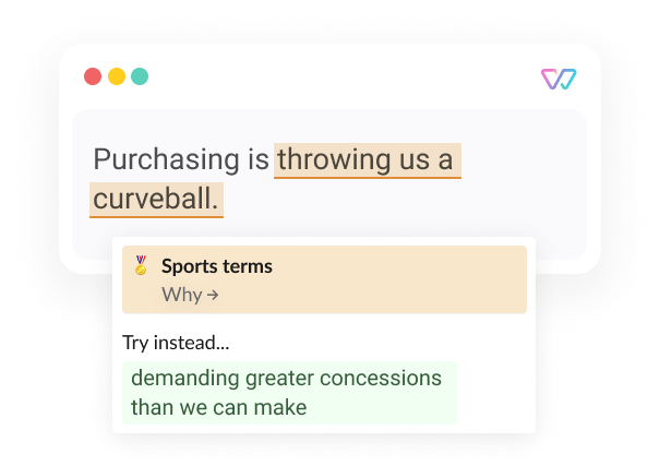 An illustration of Witty showing the phrase 'Purchasing is throwing us a curveball [demanding greater concessions than we can make].' The words in brackets are shown as alternatives.