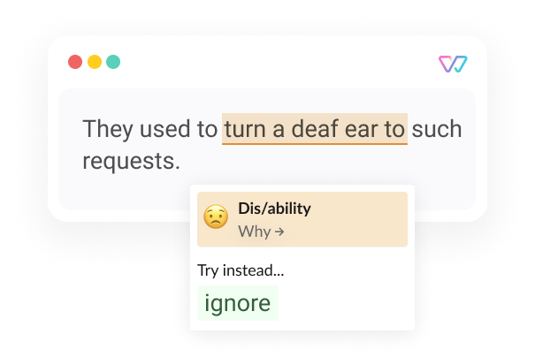 An illustration of Witty showing the phrase 'They used to turn a deaf ear to [ignore] such requests'. The words in brackets are shown as alternatives.