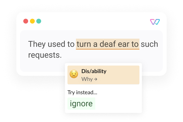 An illustration of Witty showing the phrase 'They used to turn a deaf ear to [ignore] such requests'. The words in brackets are shown as alternatives.