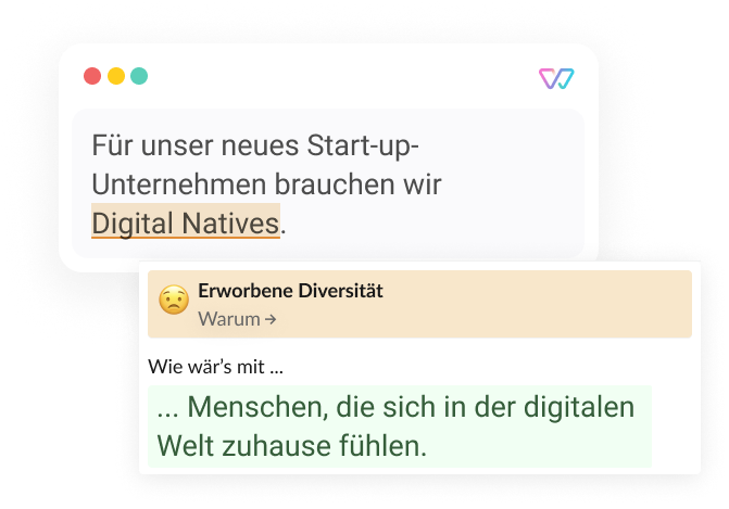 Eine Illustration von Witty des Satzes 'Für unser neues Start-up-Unternehmen brauchen wir [Digital Natives].' Als Alternative wird 'Menschen, die sich in der digitalen Welt zuhause fühlen' vorgeschlagen. 