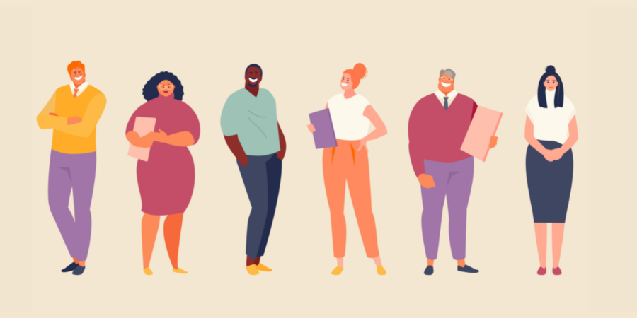 Illustration of a diverse group with 5 people of different ages, body shapes and ethnic background