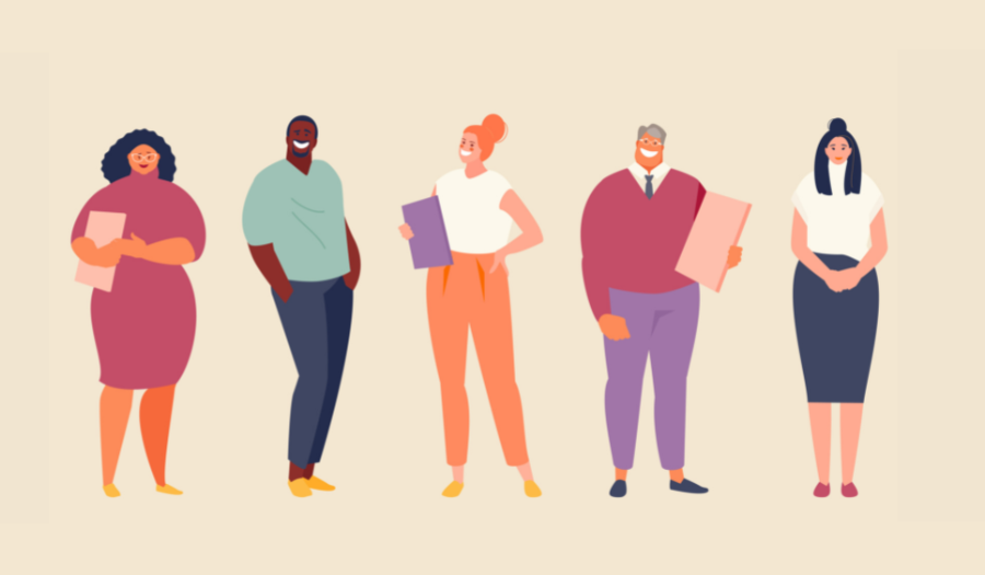 Illustration of a diverse group with 5 people of different ages, body shapes and ethnic background