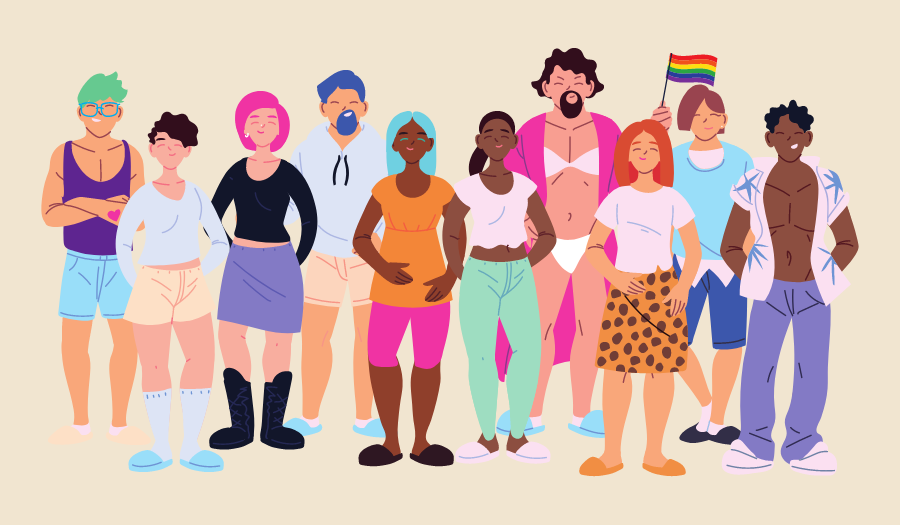 Illustration of a diverse group of people of diffent gender identities, ages, ethnic backgrounds, and body shapes who are all LGBTQUIA+