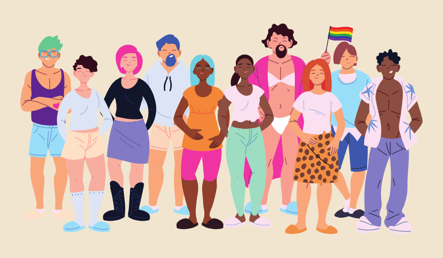 Illustration einer Gruppe von Menschen mit unterschiedlicher geschlechtlicher Identität, unterschiedlichem Alter, ethnischem Hintergrund und verschiedenen Körperformen, die alle LGBTQUIA+ sind