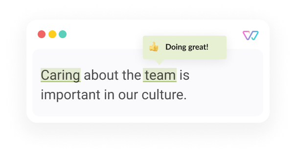An illustration of Witty showing the phrase 'Caring [green] about team is important in our culture'. The inclusive words are highlighted green, and a popup says 'Doing great!'