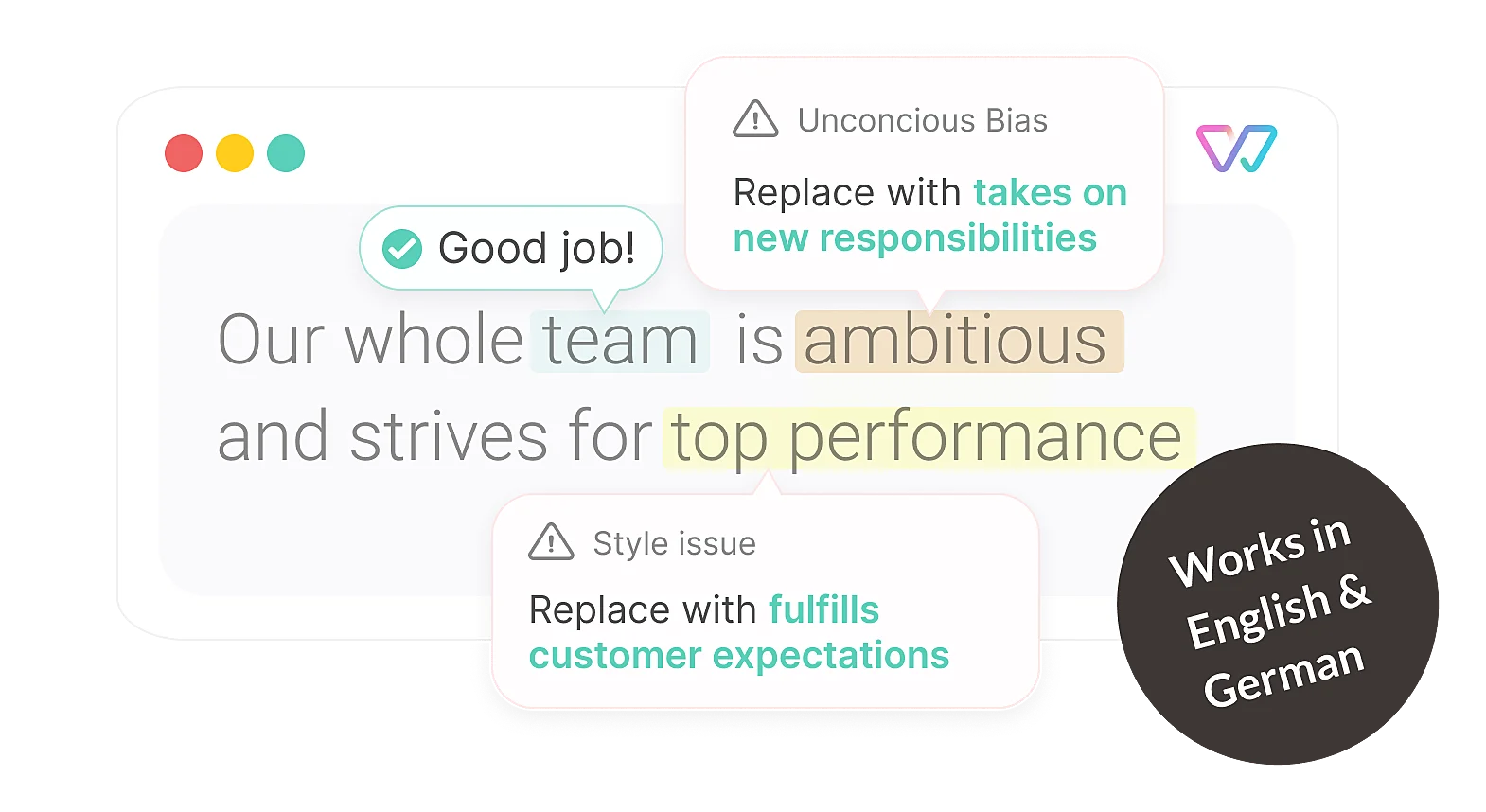 Our whole team (→ that is communal and thus a “good job” icon is shown) is ambitious (replaced with “takes on new responsibilities”; label: unconscious bias) and strives for top performance (replaced with “fulfills customer expectations”; label: style).