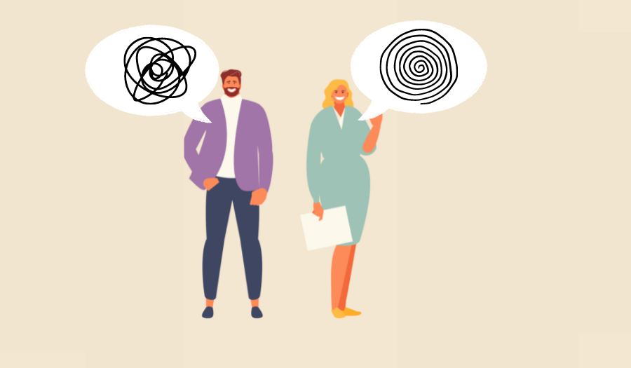 Illustration of a man and a woman with speech bubbles. One speech bubble shows a tangle of lines. The other speech bubble show a neatly roled up line 
