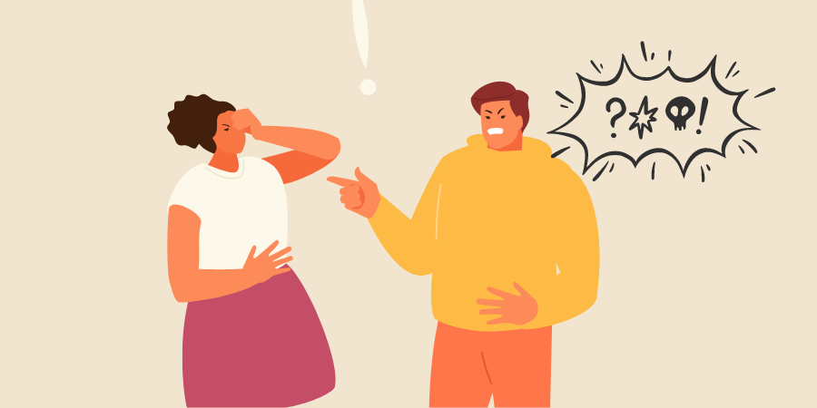 Illustration of a people cursing at a person wearing a skirt.