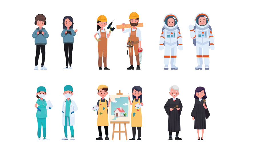 Illustration of pairs of men and women as astronauts, artists, care workers, professors, construction workers