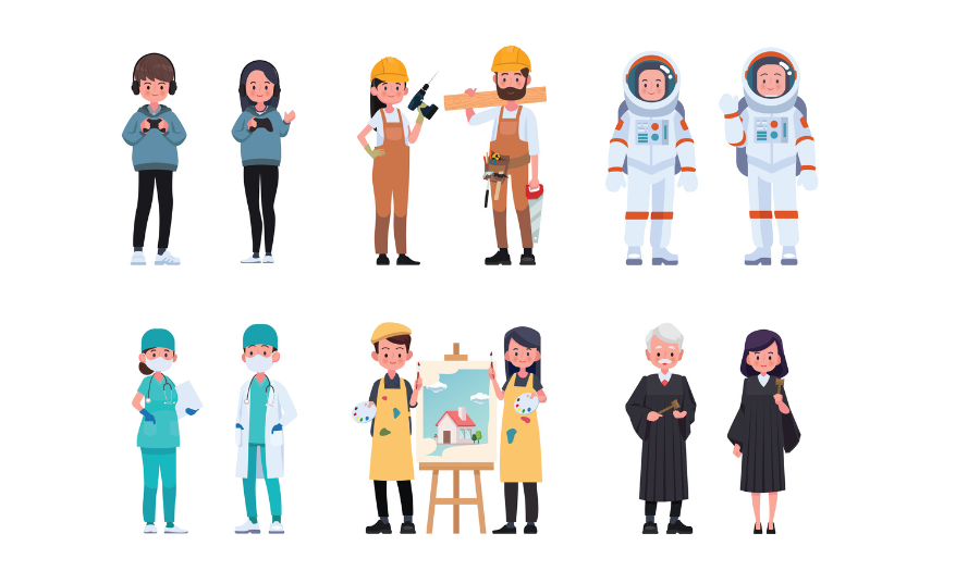 Illustration von Astronautin und Astronaut, Künstlerin und Künstler, Pflegerin und Pfleger, Professorin und Professor, Bauarbeiterin und Bauarbeiter 